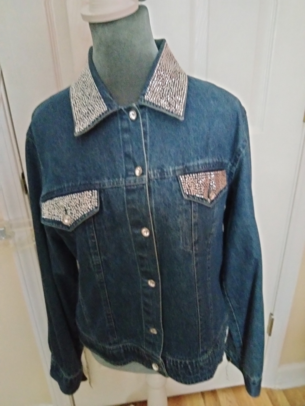 Designer Karen Heart Embellished Dark Blue Denim Jacket with Rhinestone Trim
